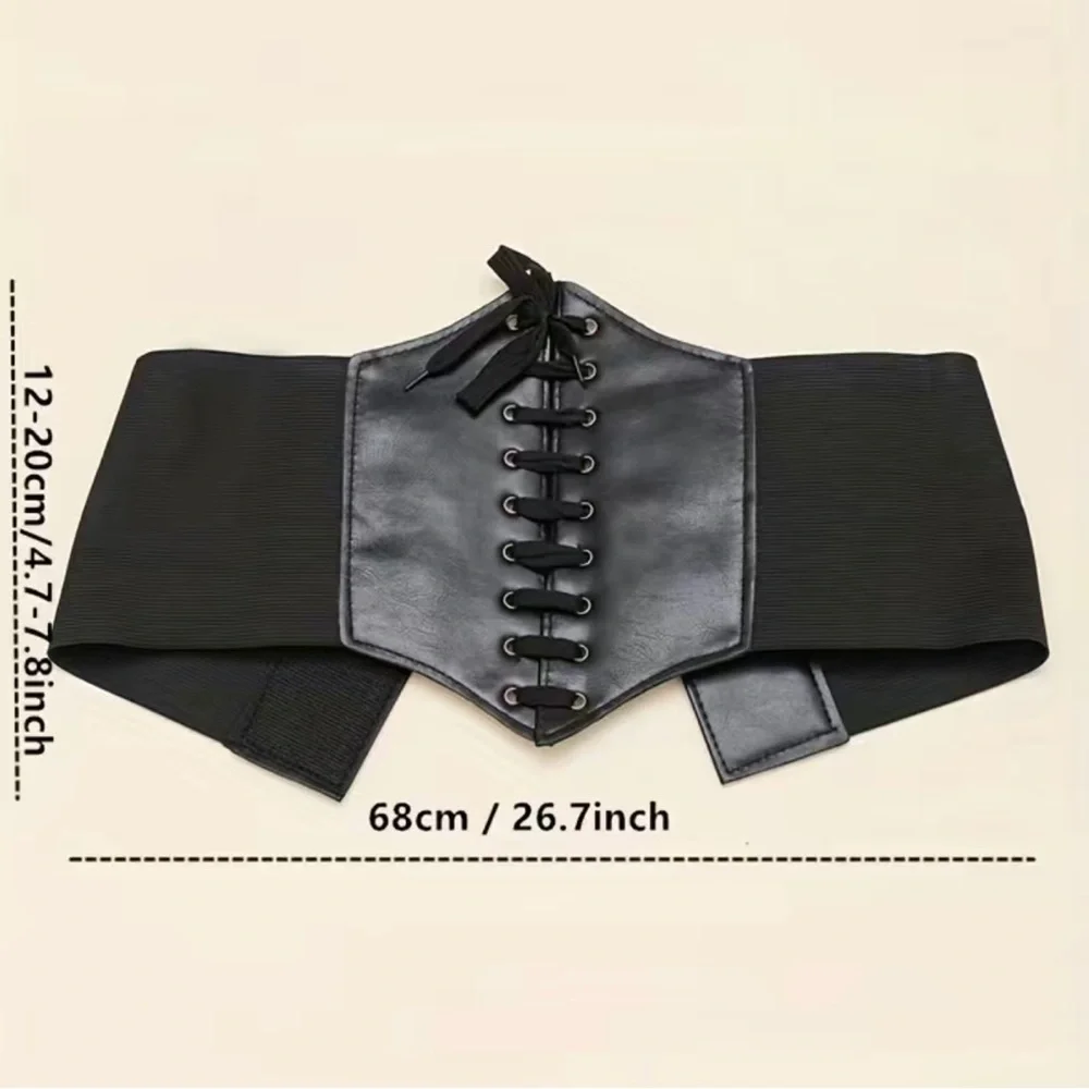 Vintage Style Lace Up Faux Leather Elastic Girdle Black Casual Wide‎ Waistband